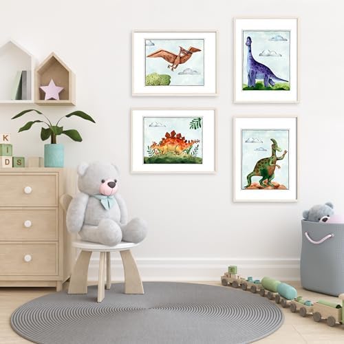 DREAM BIG PRINTABLES Friendly Dinosaur Art Prints (Set of 4) - Unframed - 8x10s | Delightful and Playful Art Prints | Room Decor for Young Explorers and Paleontology Enthusiasts | Living Room Decor