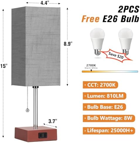 PLMMY Bedside Table Lamp for Bedroom Nightstand, 3 Color Pull Chain Nightstand Lamps Set of 2 with AC Outlets, Square Gray Lampshade Bedside Lamp for Living Room, Office Desk, LED Bulb Included