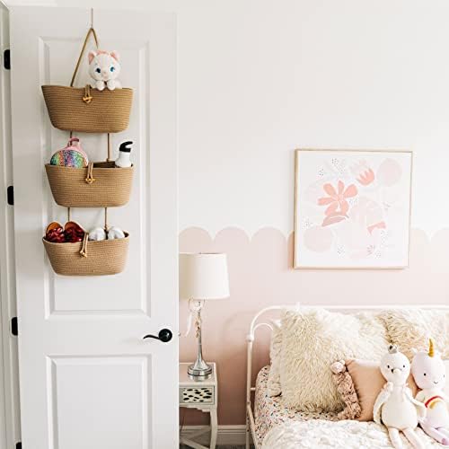 OrganiHaus Over the Door Organizer, Woven Rope Hanging Baskets, 3-Tier