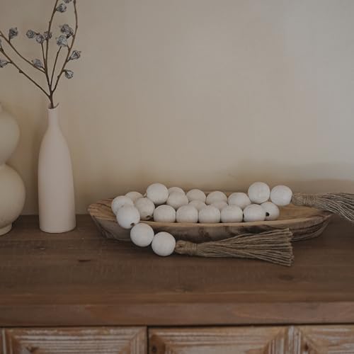 Extra Large Wood Bead Garland with 1.4" Diameter Wood Beads, Wooden Beads Garland with Tassels, Decorative Beads Home Decor, Farmhouse Beads Decor (Rustic White, 58 Inches)