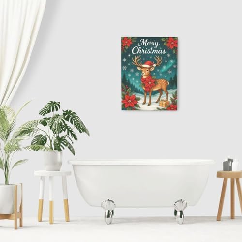 Reindeer Merry Christmas Wall Art Winter Reindeer Deer Poinsettia Canvas Wall Decor Elk Pictures Painting Print Framed Artwork Decorations Gifts for Living Room Bedroom Office 12"x16"