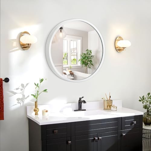 JJUUYOU Round Wall Mirror 16 Inch Circle Wall Mirror for Bathroom, White Circular Mirror Washroom Wall Mounted Metal Frame Mirror for Living Room, Bedroom, Dorm