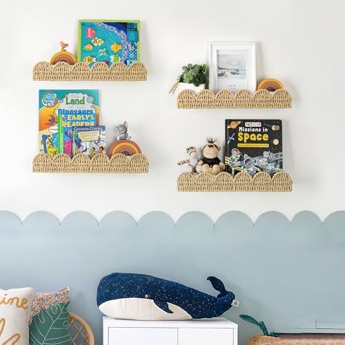 AELS Scalloped Nursery Bookshelf, Set of 4, Picture Ledge Shelf for Wall Decor, Woven Straw Paper Floating Shelves for Books, Toys, Photo Frames, Nursery, Boho Modern Farmhouse Book Shelf, Beige