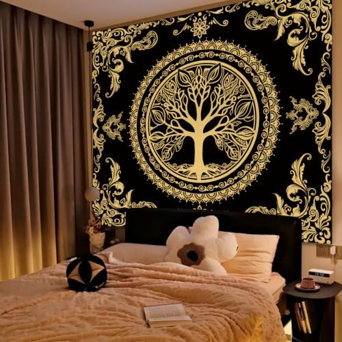 Black Golden Boho Tapestry for Bedroom, Hippie Tree of Life Wall Tapestries