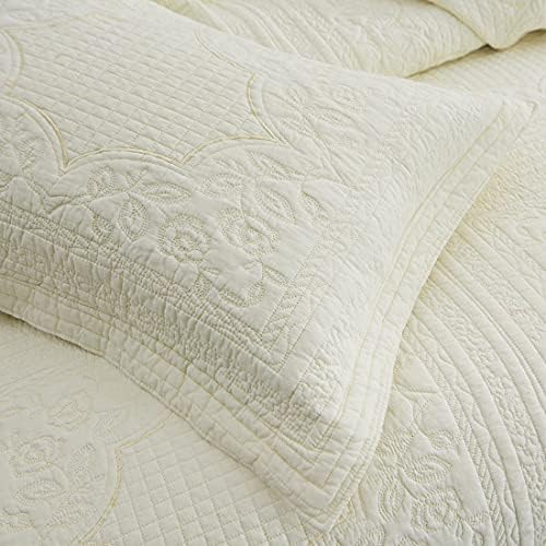 vctops 2-Piece Embroidered Cotton Quilted Pillow Shams Vintage Floral Decorative Pillow Covers Boho Pillow Cases Queen Size, Beige A