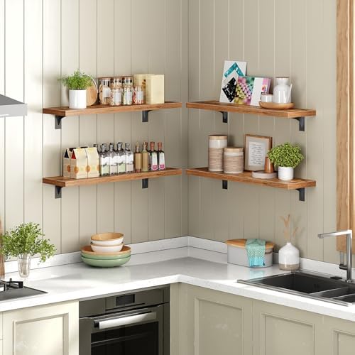 HOOBRO Floating Shelves for Wall, 23.6" Wall Mounted Shelves Set of 2, Hanging Storage Shelf with Metal Brackets, Wooden Shelf for Living Room, Bedroom, Bathroom, Rustic Brown and Black BF62BJP201G1