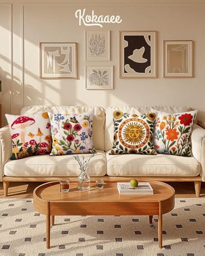 Embroidered Throw Pillow Cover 18x18 Inch - Spring Summer Boho Decorative Pillow Cover with Zipper for Living Room Couch Sofa Bed Aesthetic Design Little Cherry Cushion Pillowcase (Pack of 2)