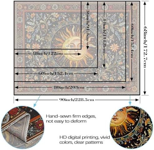 Accnicc Vintage Sun and Moon Tapestry Hippie Indie Boho Floral Wall Tapestry for Bedroom Aesthetic Stained Glass Celestial Plant Small Tapestries Wall Hanging for Living Room Dorm 48 x 36 Inch