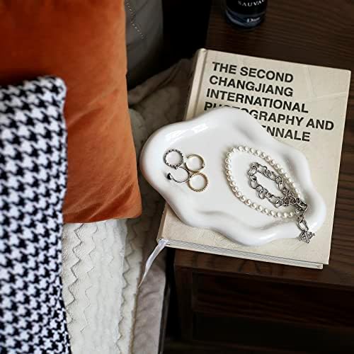 Jewelry Dish Trinket Tray for Women, Ring Dish Holder, Unique Cloud Shape Ceramic Plate Cute Things Vanity Aesthetic Room Decor Mother's Day Birthday (White)