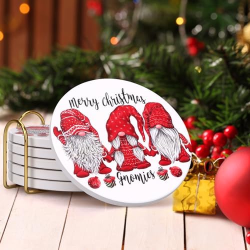 6 Pcs Ceramic Christmas Gnome Coasters With Holder - Best Round Absorbent Drink Coasters Gift for Xmas Holiday Bar - Coffee Cup Farmhouse Table Decorative Set