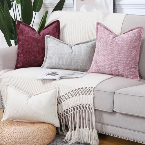 MADIZZ Decorative Chenille Velvet Throw Pillow Covers Set of 2 Soft Boho Textured Neutral Couch Throw Pillow for Bed Modern Farmhouse Home Decor for Sofa Livingroom Burgundy 16x16 Inch