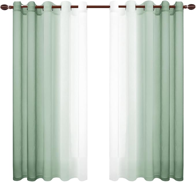 DWCN Ombre Faux Linen Sheer Curtains - Extra Wide Gradient Semi Voile Grommet Top Bedroom and Living Room Curtains, 60 x 63 Inches Long, Set of 2 Window Curtain Panels, Sage Green