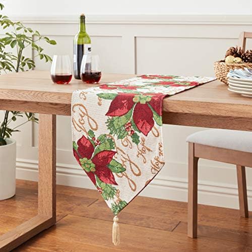 Violet Linen Decorative Christmas Poinsettias Script Design Tapestry, 13" X 70" Table Runner