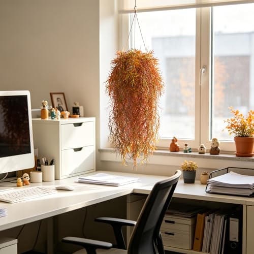 dallisten 4Pcs Autumn Fake Hanging Fern Plants for Outdoors, UV Resistant Artificial Ferns Fall Vines Faux Trailing Plants for Indoor Wall Porch Home Thanksgiving Halloween Decor(4PCS Orange Ferns)