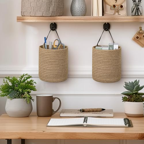 Hanging Basket 2 Pack, Small Wicker Wall Baskets for Organizing, Woven Boho Wall Hanging Decor, Indoor Plant Holder, Cotton Rope Door Organizer, Shelf Storage Bin, 7"D x 8"H (Jute)