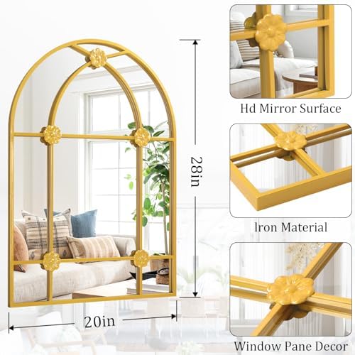 Wall Arched Mirror, Gold Metal Framed Arch Mirror Modern Artistic Decorative Mirrors for Bedroom Living Room Bathroom, 20x28 Inch Decor