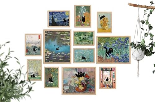 TwoDays Vintage Black Cat Room Decor, Funny Cats in Famous Painting, Monet Van Gogh Matisse Wall Art Prints for Bathroom Bedroom Aesthetic (Multi Sizes, Set of 12, 8" X 10" Largest, UNFRAMED)
