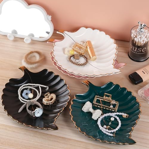 VanEnjoy Decorative Candy Dishes - Pink Ceramic Key Bowl for Entryway Table, Leaf Jewelry Plate Tray