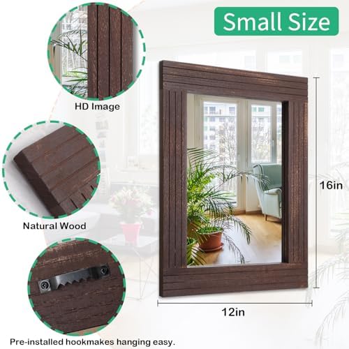 Mirrors for Wall Rustic Wooden Frame Rectangle Mirror Vintage Hanging Mirror for Bedroom Bathroom Living Room Farmhouse Wall Decor Brown Small 16" x 12 "