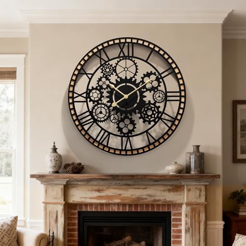 Large Decorative Wall Clocks,28" Silent Wall Clock for Bedroom & Office,Battery Operated with Solid Wood Frame for Kitchen/Farmhouse/Classroom