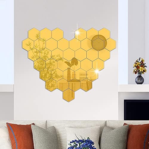 RW-103 36 Pcs Acrylic Hexagon Mirror Decals DIY Removable 3D Geometric Mirror Art Setting Wall Decor for Bedroom, Living Room, Office, Kitchen & Home (Gold)