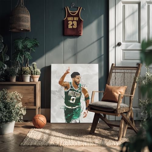 Jayson Tatum Basketball Canvas Wall Art, Sports Player Poster, 12x16 Inch | Abstract splash ink athletic artwork, motivational sports wall decor for teen boys room, bedroom, living room, gym or office