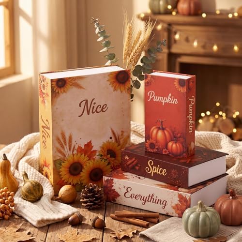 Sabary Set of 4 Decorative Books Boxes Faux Books Stacked for Coffee Tables Modern Home Bookshelves DIY Crafts Decor (Vintage,Thanksgiving Day)