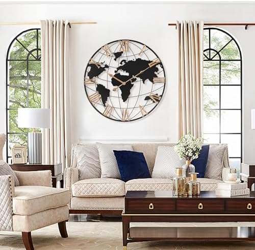 Pytha Sight 20 Inch Metal Large World Map Wall Clocks for Living Room Decor