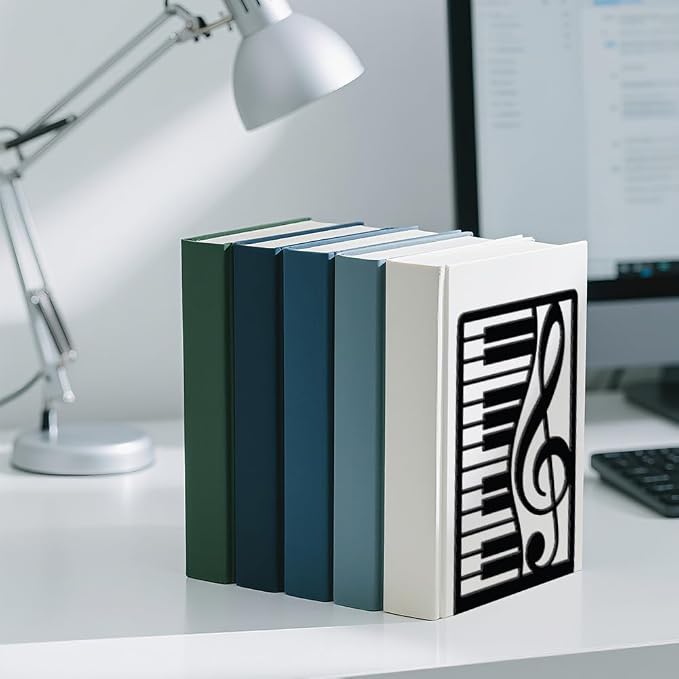 WADORN 1 Pair Piano Musical Notes Metal Decorative Bookend for Shelves, Heavy Duty Book Ends Non-Skid Books Holder Stand Black Book Support Stoppers for Music Books Desk Office Home, 5.3x4.3x7.9 Inch