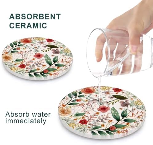 Cute Flower Absorbent Drink Cup Coasters Set of 6 Floral Coffee Table Decor
