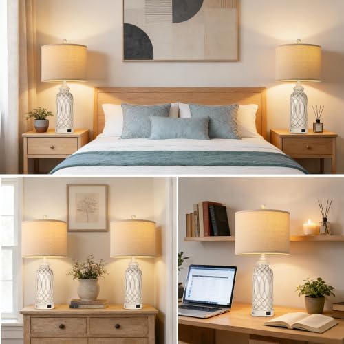 WIHTU 26.5'' White Resin Table Lamps, Touch Desk Lamps with USB Ports