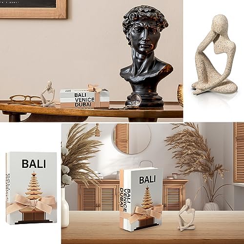 Wesiti 4 Pcs Decorative Books for Home Decor with Resin Statue Thinker Decoration Wooden Farmhouse Stacked Books Modern Decorative Bookends Stack for Tables Shelf Decor(White)