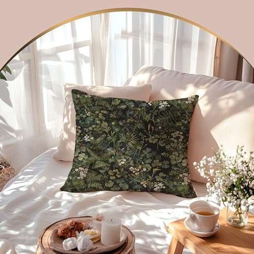 Dark Green Botanical Pillow Covers 18x18 Double-Sided, Plant Room Decor, Vintage Rustic Cottagecore Forest Fern Leaves and Wildflower Decorative Throw Pillow Covers