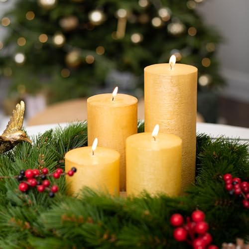 CANDWAX 3x3 Inch Gold Pillar Candles Set of 3 - Unscented No Drip Glitter Gold Candles for Weddings, Centerpieces, Home Décor, Christmas Decorations