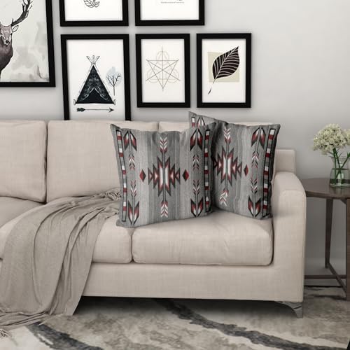 Giwawa Southwestern Throw Pillow Covers, Red Gray Black Native American Pillow Cases Set of 2, Ethnic Tribal Geometric Square Cotton Cushion Covers for Sofa Porch Bedding Patio Decor, 16x16 Inch