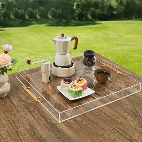 Extra Large Clear Acrylic Serving Tray (18×18 Inches) with Gold Handles Spill Proof Acrylic Over Size Big Decorative Tray Organiser for Ottoman Coffee Table Countertop
