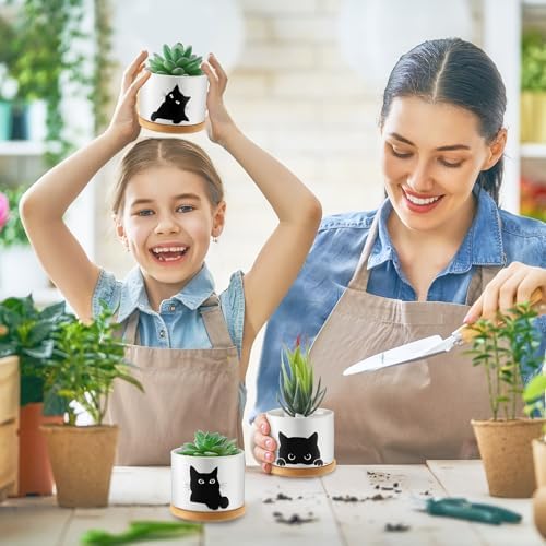 Honeydak Funny Succulent Black Cat Plant Pots 3.15 Inch Ceramic Flower Pots With Bamboo Tray, Drainage Hole - Cute Birthday Gifts for Women, Housewarming Gift
