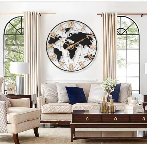 Pytha Sight 24 Inch Large World Map Vintage Gold Arabic Numerals Wall Clock