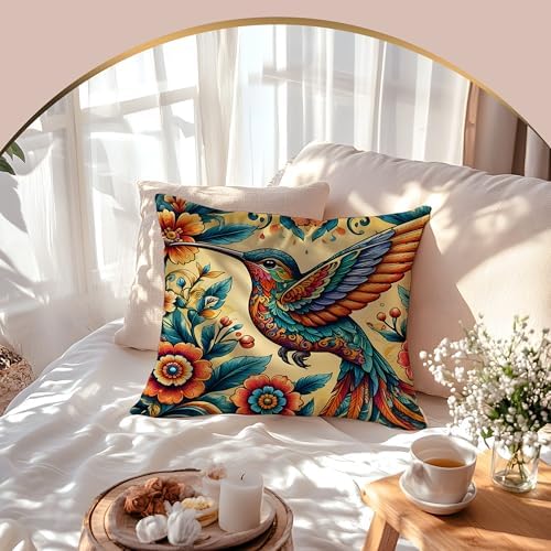 Gorgeous Hummingbird Pillow Covers 18x18, Bird Decor for Home, Colorful Fantastic Humming Bird Wildflower Decorative Throw Pillow Covers, Hummingbird Gifts for Women