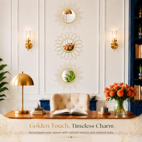 3 Pack Metal Mirrors for Wall Sunburst Wall Mirrors Home Décor Decorative Hanging Wall Art for Living Room Bedroom Entryway (Gold, Flower+Sunburst)