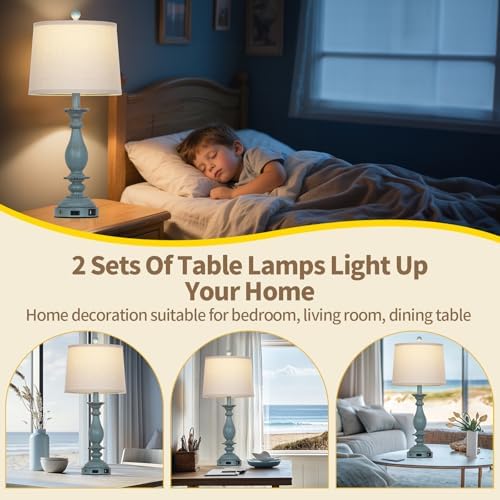 CINSARY 28" Tall Coastal Table Lamps for Living Room Set of 2, Farmhouse Rustic Blue Bedside Touch Lamp with USB C+A Ports & Outlet, 3-Way Dimmable Resin Nightstand Lamps for Bedroom Side End Table