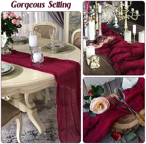 Burgundy 10FT Cheesecloth Table Runner Boho Gauze Fabric Table Runner Rustic Sheer Runner for Wedding Bridal Baby Shower Birthday Party Boho Table Decor(1 Pack Burgundy)