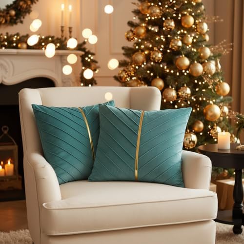 Velvet Throw Pillow Covers 18x18 Pack of 2 Gold Decor Aqua Green