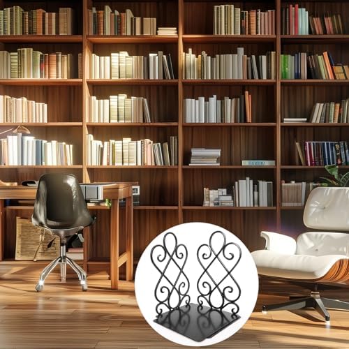 2Pairs Anwenk Vintage Bookends with Felt Pads 2.2LB Heavy Duty Bookend Holder Long Base, Luxury Art Book Stand Retro Antique Style,Non-Skid Felt Pads to Protect Bookshelf Bookcase-Black