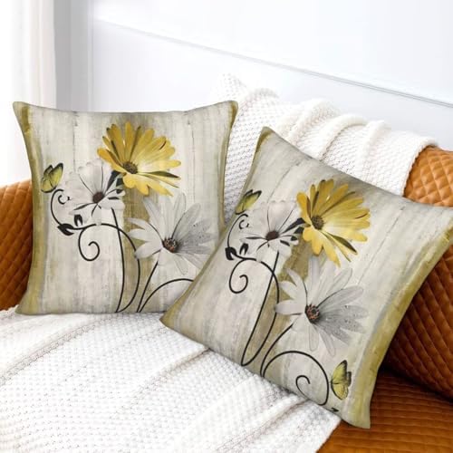 Yellow Floral Pillow Covers 18 x 18 Inch Set of 2 Daisy Floral Butterfly Decorative Throw Pillow Covers Linen Rustic Farmhouse Cushion Cases for Home Sofa Couch Living Room Decor