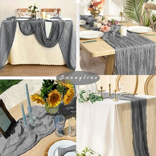 12 Pcs Gray 35 x 120 Inches Long Cheesecloth Table Runner 10FT Runner for Tables Gauze Fabric Boho Table Runner Decoration Rustic Semi Sheer Runner for Wedding Baby Shower Birthday Party (Gray)