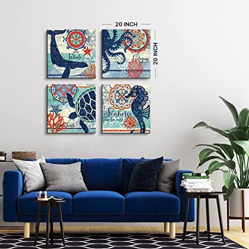 4 Panel Teal Blue Home Wall Art Decor Framed Artwork for Bathroom Living Room Canvas Print Beach Coastal Sea Turtle Octopus Seahorse Whale Pictures Posters Bedroom Decoration 20 x 20 / Piece Set