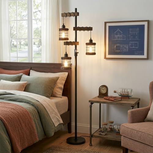 Vintage Floor Lamp with Wooden Lampshade, Dimmable Floor Lamps for Living Room, Industrial Standing Lamp Black Corner Light, Rustic Tall Lamp for Bedroom Office Nursery