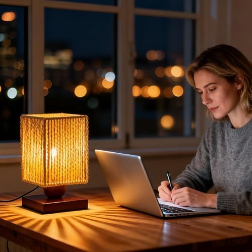 Small Rattan Table Lamp, Square Shade, Woven Square