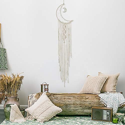 MOONFLY Dream Catcher with Handmade Moon Star Design Woven Cotton Macrame Wall Hanging Boho Home Decoration Ornament Craft Gift for Bedroom Living Room Wedding Party (White Moon)